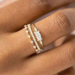 NWT Dainty Ring Set of 3PCs 14K Gold Plated Cubic Zirconia Sz.7 Fairy